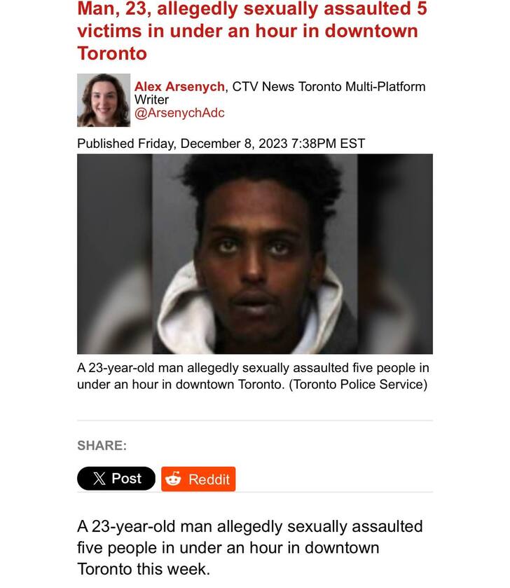 🇨🇦 - On December 7th, 5 women were sexually assaulted by Surafiel Tewelde, a  Somalian ...