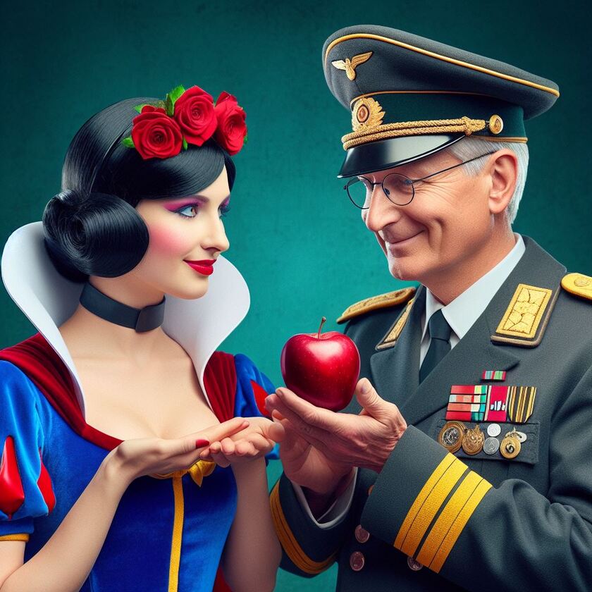 Tim Cook vestito da ufficiale nazista offre la mela avvelenata a Biancaneve