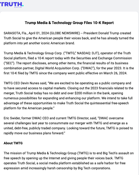 Trump Media & Technology Group Files 10-K Report