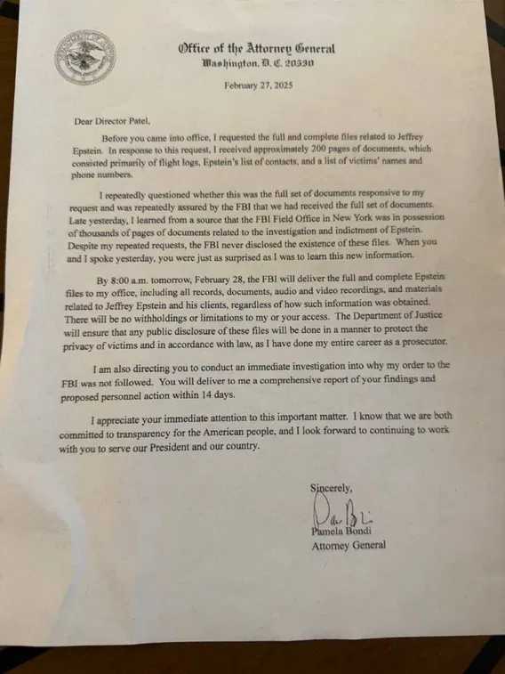 AG Pam Bondi reveals in a letter to FBI Director Kash Patel that the FBI is withholding Epstein List...