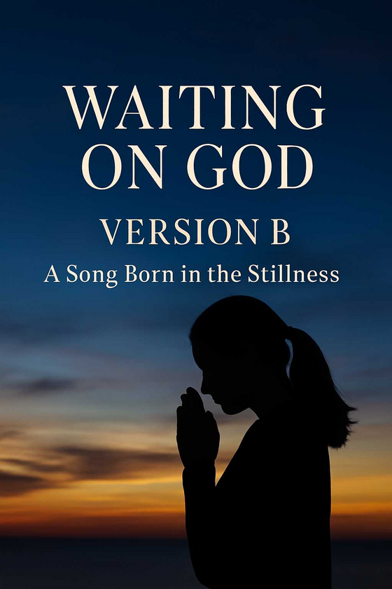 A woman’s silhouette is shown praying at sunset, her figure softly contrasted against a vivid sky of warm oranges and deep blue. The centered text reads: “WAITING ON GOD – VERSION B: A Song Born in the Stillness.” The image represents peaceful surrender and spiritual waiting, aligning with the emotion of the second version.