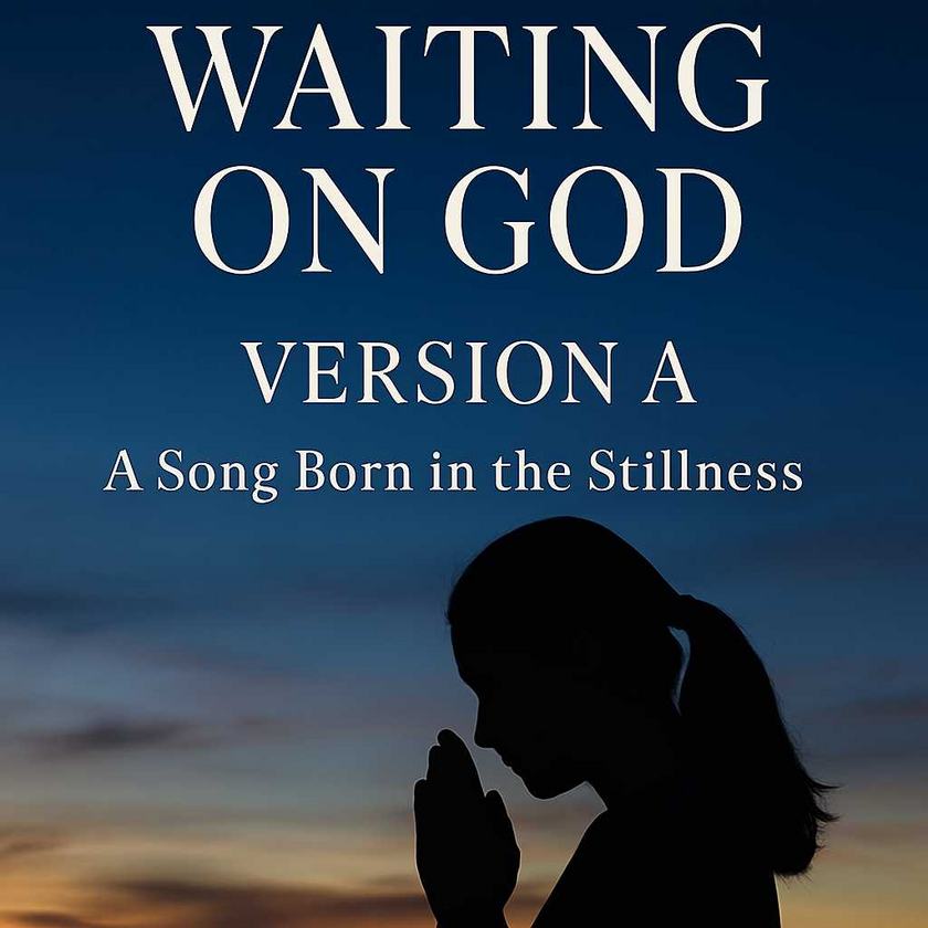 A silhouette of a woman in prayer stands before a deep blue and golden twilight sky. Above her, bold cream-colored text reads: “WAITING ON GOD – VERSION A: A Song Born in the Stillness.” The image evokes quiet faith, trust, and reflection, symbolizing the emotional depth of the first song version.