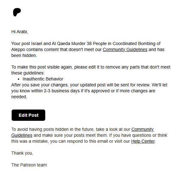 Patreon censorship for Zionism and Al Qaeda HTS terrorism