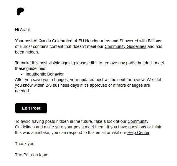 Patreon censorship for Zionism and Al Qaeda HTS terrorism