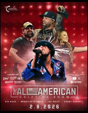 (Above: Promotional image for TPUSA's All-American Halftime Show, featuring Kid Rock and country stars, highlighting patriotic themes.)
